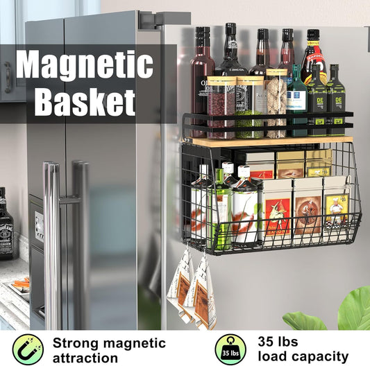 Magnetic Shelf for Fridge with Wood Lid, Fruit Potato & Onion Storage Bins, Magnetic Spice Rack for Refrigerator Pantry Organizer & Storage, Large Container for Refrigerator, Kitchen Counter & Laundry