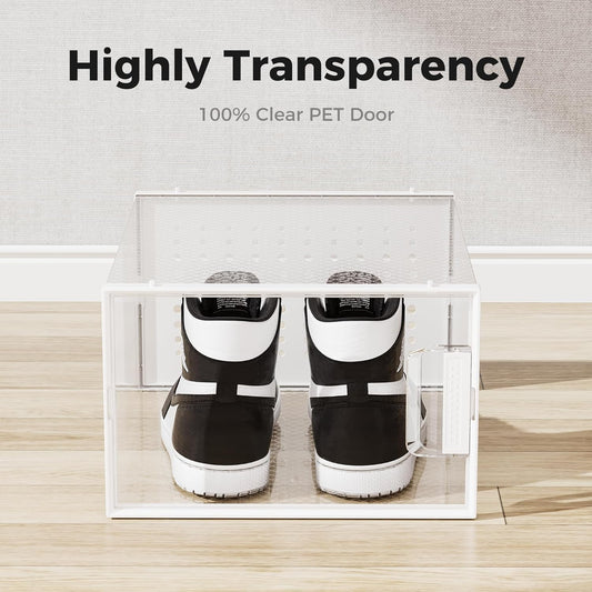 XXL Large Shoe Organizer Storage Boxes for Closet, Fit for Size 14, Clear Plastic Stackable Sneaker Storage Containers Bins with Lids, Clear Shoe Display Case Containers, White, 12 Pack