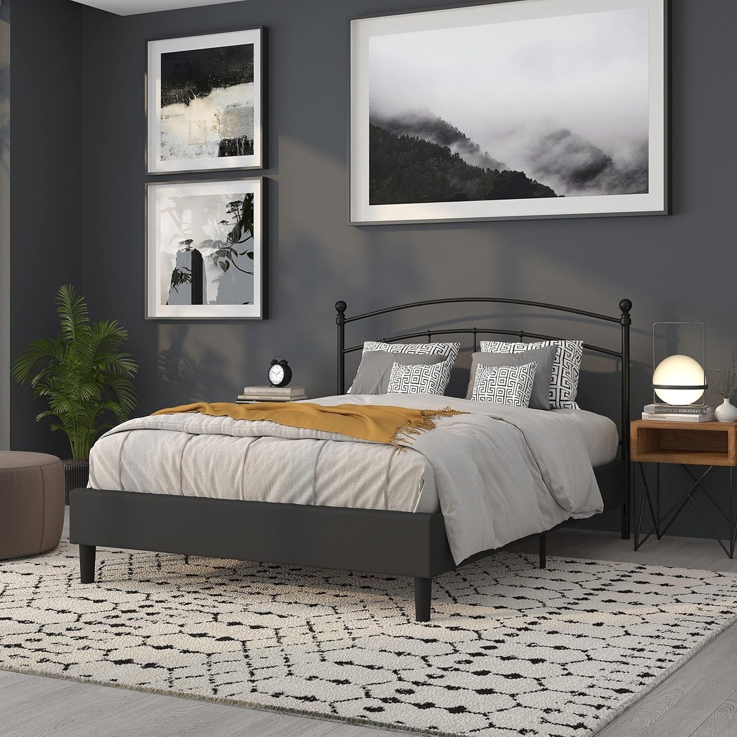 Contemporary Black Metal Queen Size Headboard with Support
