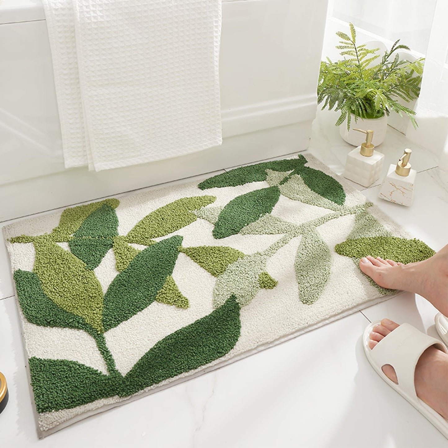 Bathroom Rugs 24X16In Blue Leaves Bath Mat for Bathroom Non Slip Machine Washable Soft Microfiber Absorbent Cute Bath Rug Plush for Tub Shower Sink Fluffy Home Decor Accessories