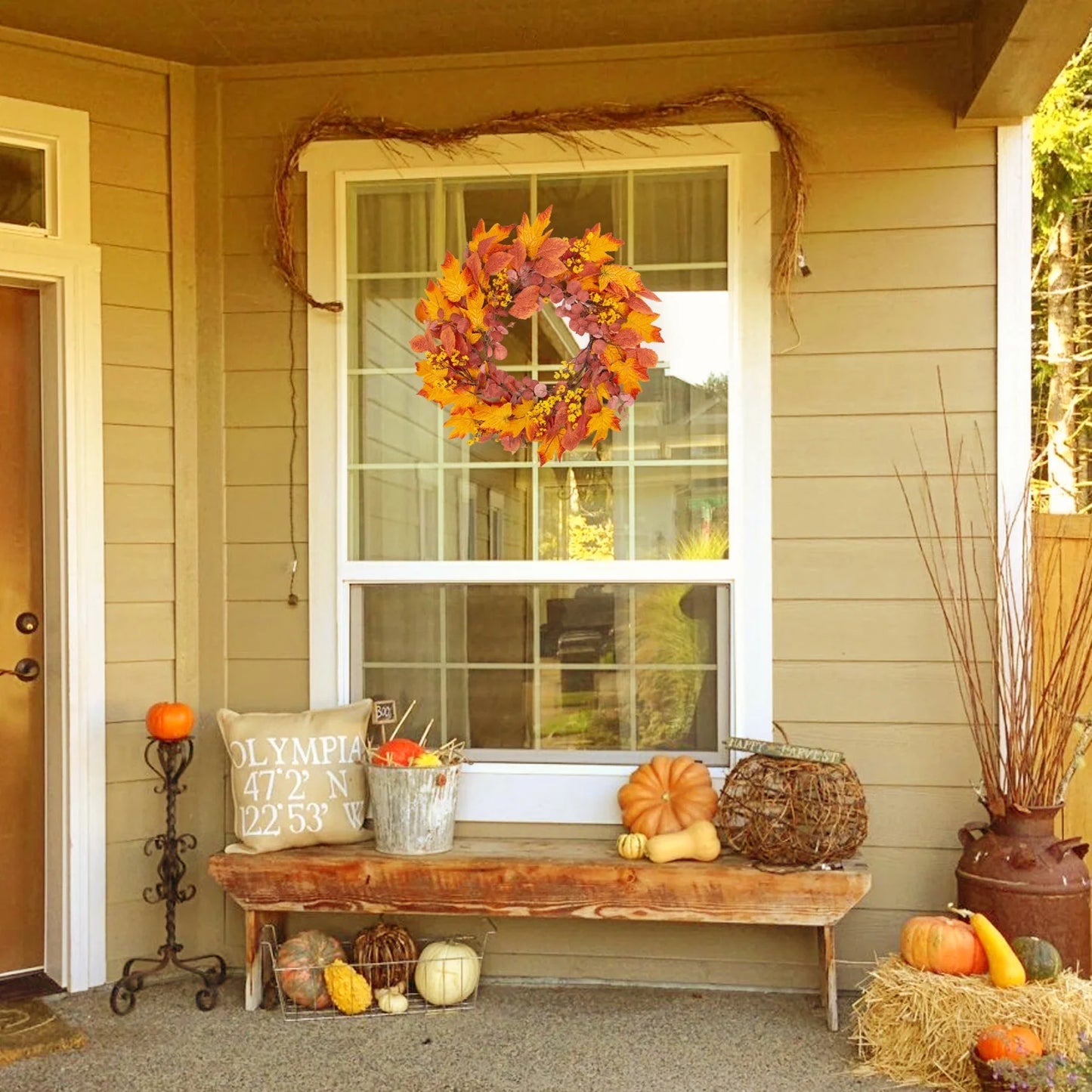 Fall Wreaths for Front Door, 20" Artificial Maple Leaf Autumn Door Wreaths Farmhouse Fall Decorations for Home