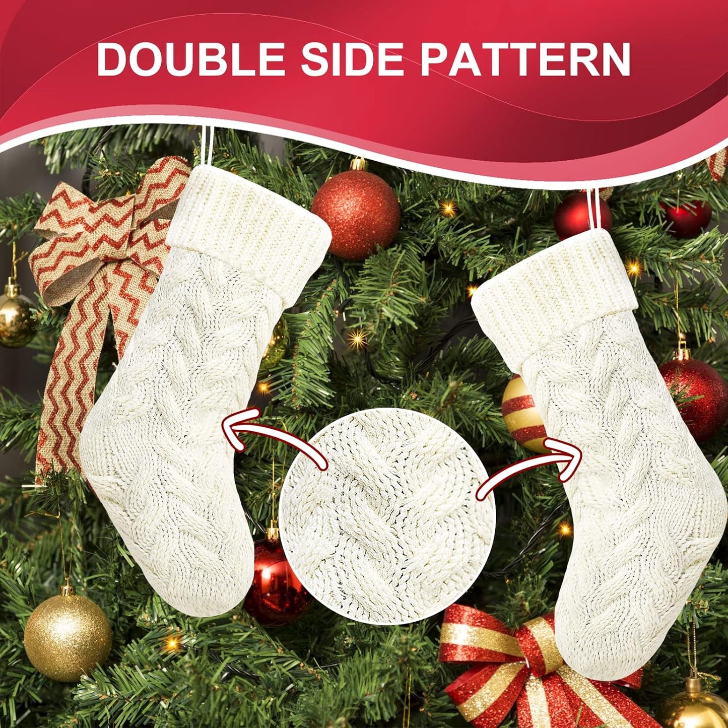 Pack 6,14" Unique Ivory White Knit Christmas Stockings Style3