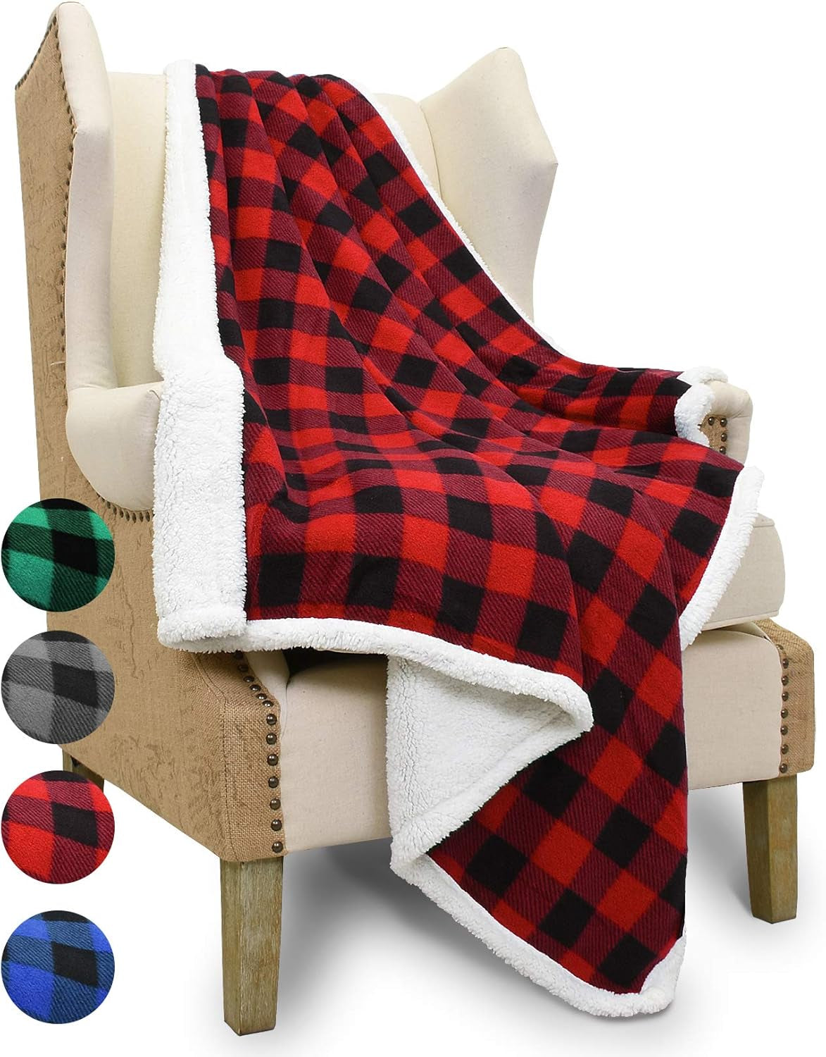 Red Black Checkered Holiday Blanket, Buffalo Plaid Sherpa Throw for Couch Sofa Cabin Decor | Soft, Warm, Comfy, Fuzzy, Snuggy | 60X50 Inches, Christmas Blanket