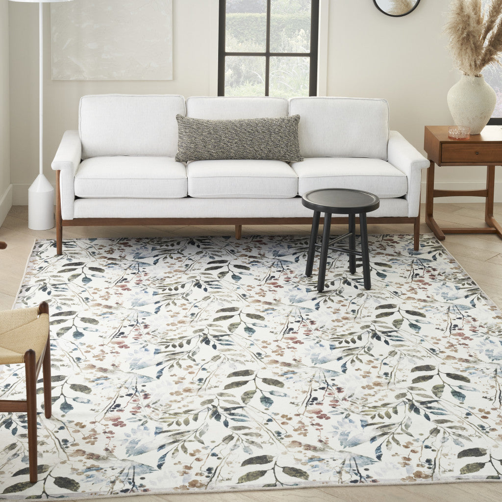 4' X 6' Green and Ivory Floral Power Loom Washable Non Skid Area Rug