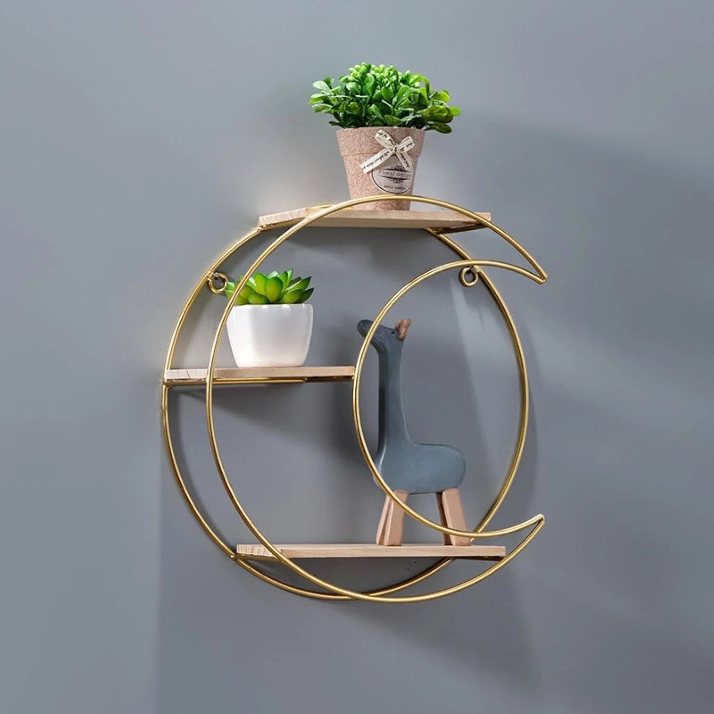 round Wall Shelf, Wall-Mounted Circular Shelf, Wood & Metal Wall Hanging Shelves Decor for Home Office, Circular Floating Shelves (Moon-Gold)