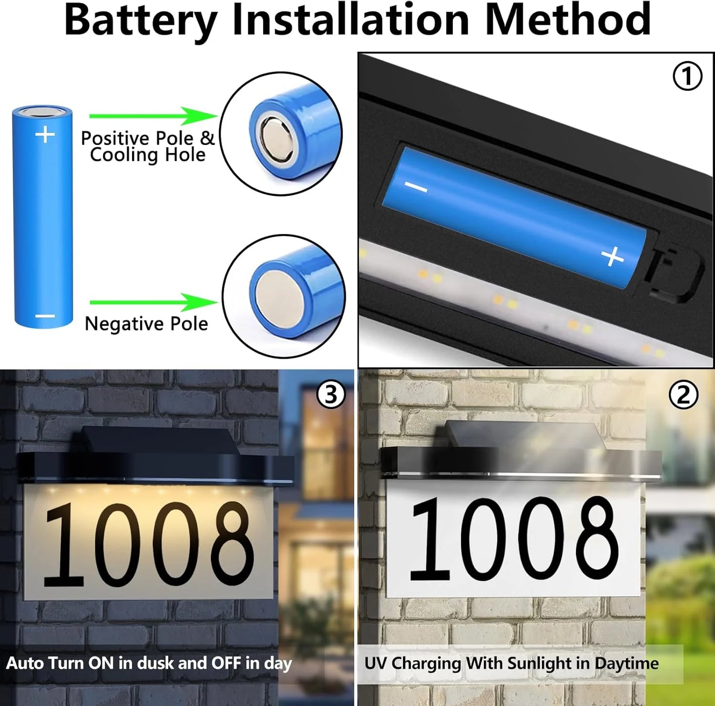 Solar House Numbers Address Plaques 3 Lighting Colors & Adjustable Solar Panel House Number for Outside, LED Solar Powered Address Sign Outdoor Waterproof