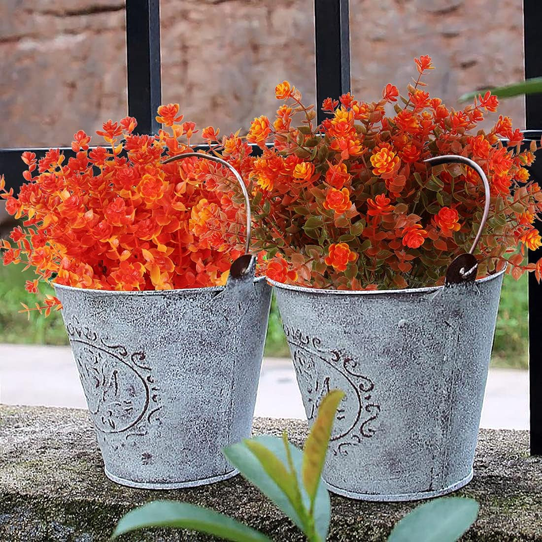 8 Bundles Artificial Fall Flowers No Fade Faux Autumn Plants, Fake Indoor Outdoor Greenery Decorations for Thanksgiving Christmas Wedding Party Home Garden Fireplace Décor (Green Orange)