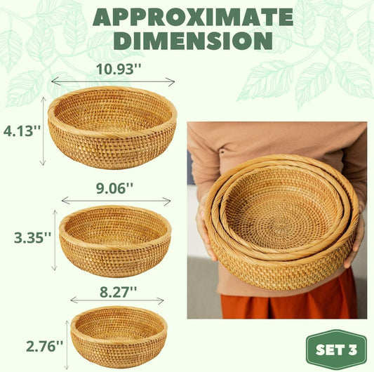 Round Wicker Baskets Handwoven Fruit and Vegetable Storage for Serving Potatoes Onions Bread Rattan Decor Basket Stackable Set 3 Fruit Holder for Kitchen Countertop Organizing Bathroom (Honey Brown)