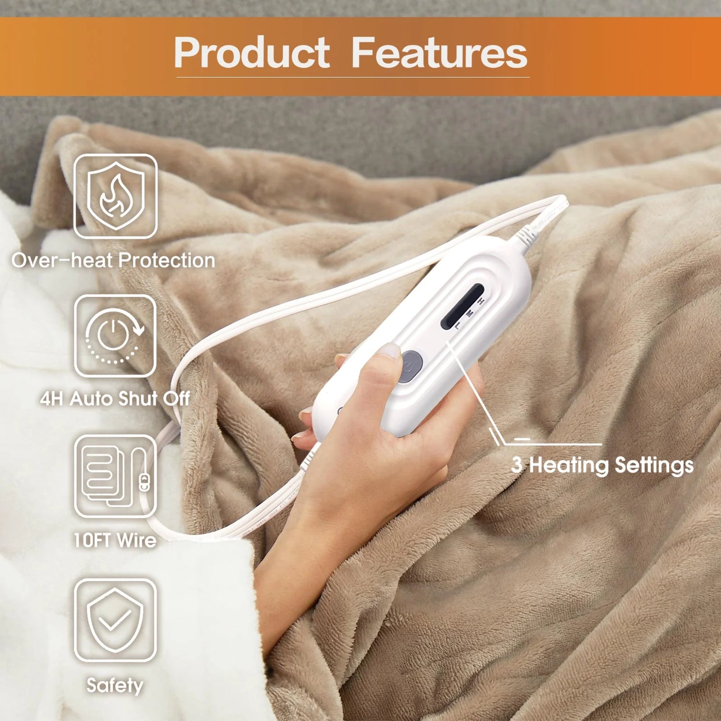 Heated Blanket Throw,50"X60"Double Flannel Heating Blanket for Home Office, Electric Blanket 4 Hours Auto-Off & Over-Heat Protection,Camel
