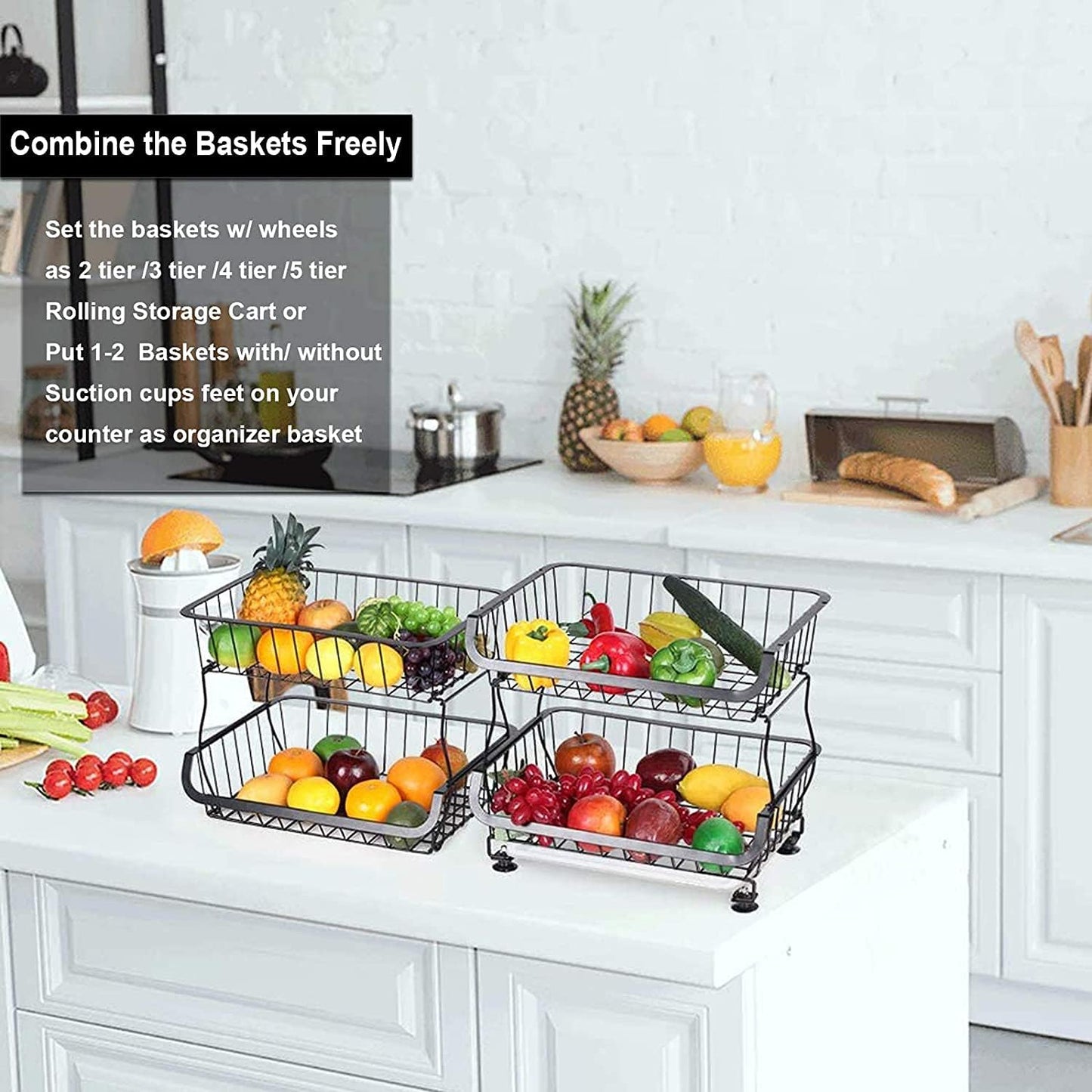 Fruit Baskets Rack with Wheels for Kitchen Pantry, 6 Tier Stackable Kitchen Baskets Storage Rack with Bottom Water Drainer, Metal Wire Organizers and Storage Rolling Cart (Black)
