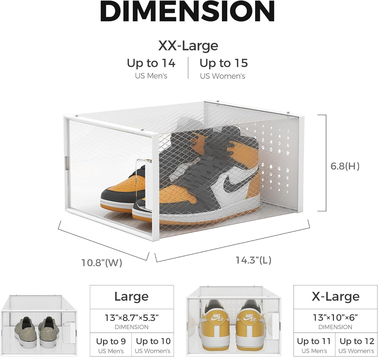 XXL Large Shoe Organizer Storage Boxes for Closet, Fit for Size 14, Clear Plastic Stackable Sneaker Storage Containers Bins with Lids, Clear Shoe Display Case Containers, White, 12 Pack