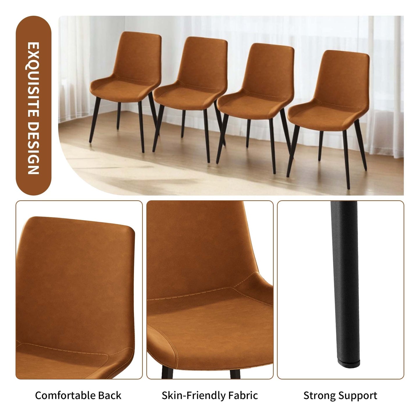 Dining Chairs 4PCS, Modern Kitchen & Dining Room Chairs, Upholstered Faux Leather Cushion Seat and Sturdy Metal Legs