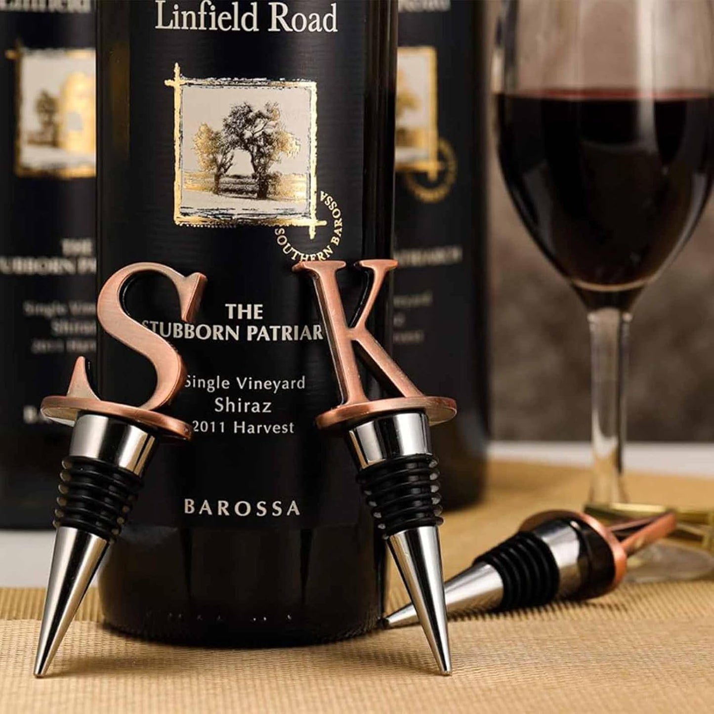 Wine Stoppers,Reusable Wine Bottle Stoppers,Stainless Steel Letter Wine Stopper, Food Grade Silicone Material Decorative Wine Stoppers Funny Gift -Bronze Color