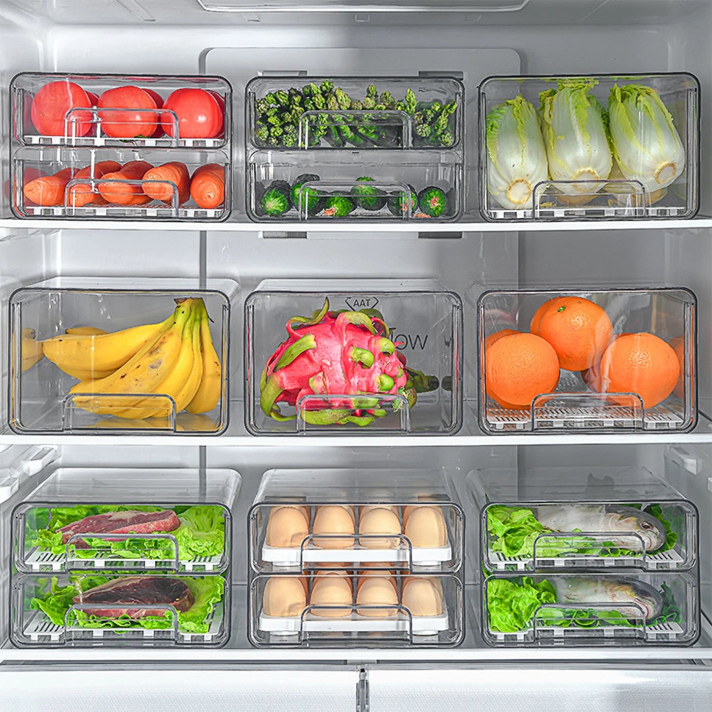 Refrigerator Organizer,Fridge Drawers with Lids Stackable Pull Out Fridge Storage Containers Double Layer Clear Plastic Refrigerator Organizer Bins with Drain Tray(Only 2-Drawers)