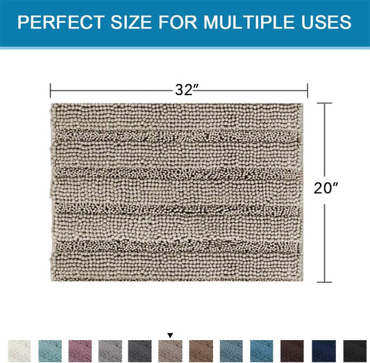 Bath Rugs for Bathroom Non Slip Bath Mats Extra Thick Chenille Striped Rug 20" X 32" Absorbent Non Skid Fluffy Soft Shaggy Washable Dry Fast Plush Mat for Indoor, Bath Room, Tub - Taupe