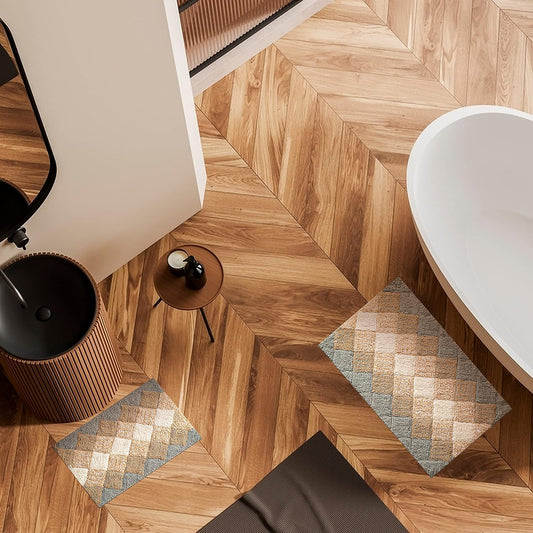 Bathroom Rugs Set 2 Piece Grey Beige Albany Inspired Non-Slip Cotton Bath Mats for Bathroom Floor |Quick Dry Bathroom Mat for Tub Spa Shower|Living Room Entry Way Door Mats |21X32 & 17X34 Inches