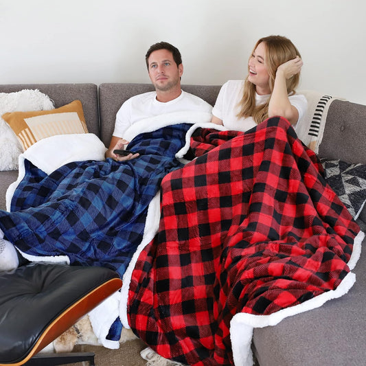 Red Black Checkered Holiday Blanket, Buffalo Plaid Sherpa Throw for Couch Sofa Cabin Decor | Soft, Warm, Comfy, Fuzzy, Snuggy | 60X50 Inches, Christmas Blanket