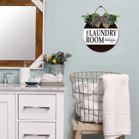 12" Wash Dry Fold Repeat Laundry Room Sign Rustic Wooden round Plaque Wreaths for Wall Door Sign Vintage Hanging Laundry Room Decor for Wash House Farmhouse