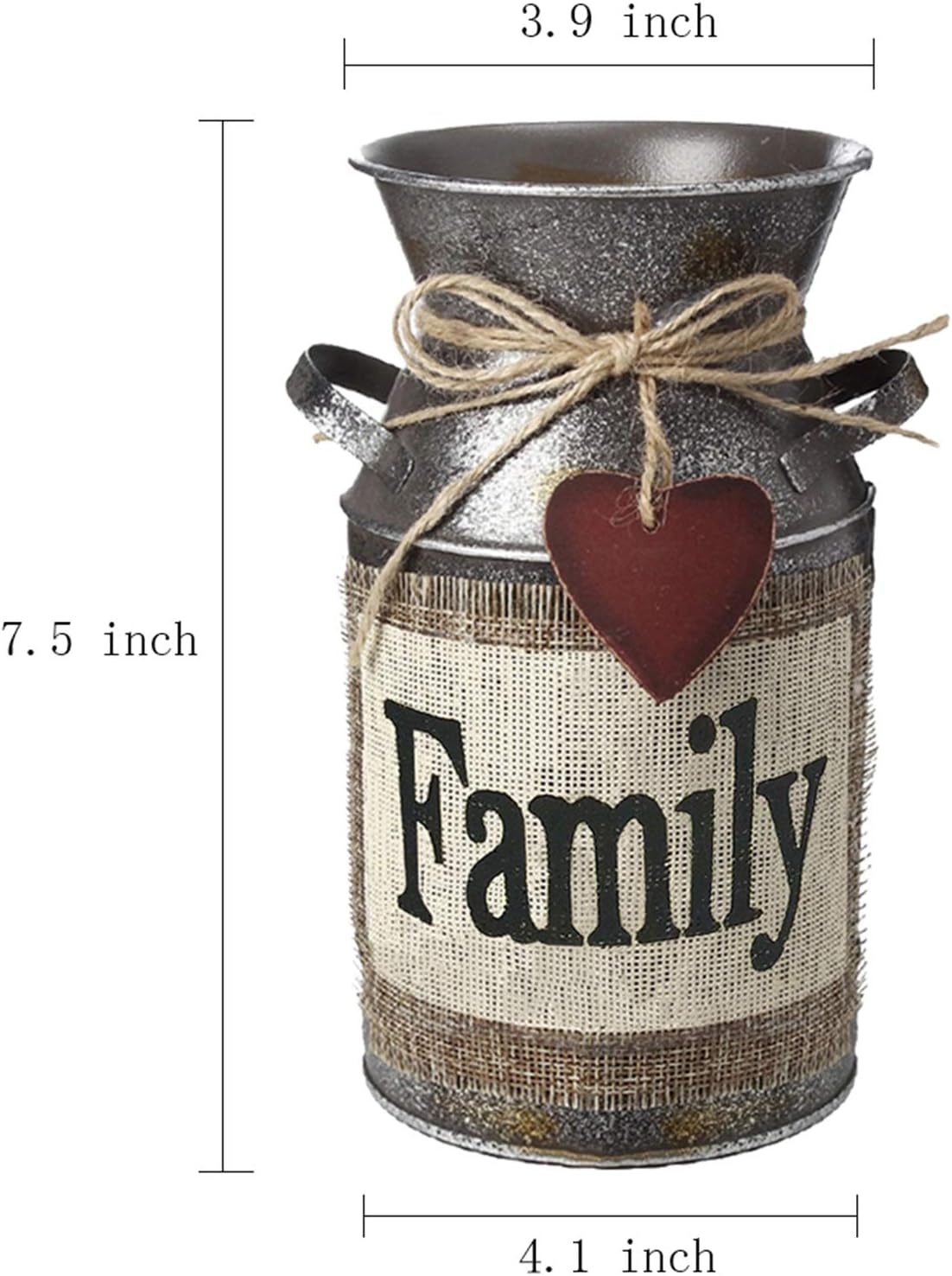 7.5" High Rustic Decorative Vase with Greetings and Rope Design, Metal Milk Can Country Jug for Living Room, Bedroom, Kitchen(Family)