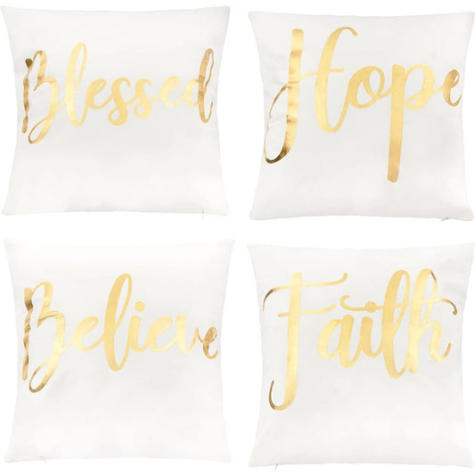 White Throw Pillow Covers, Blessed, Hope, Believe, and Faith (18 X 18 In, 4 Pack)
