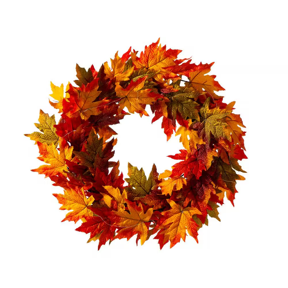 24 In. Dia Fall Lighted Maple Leaves Artificial Fall Wreath