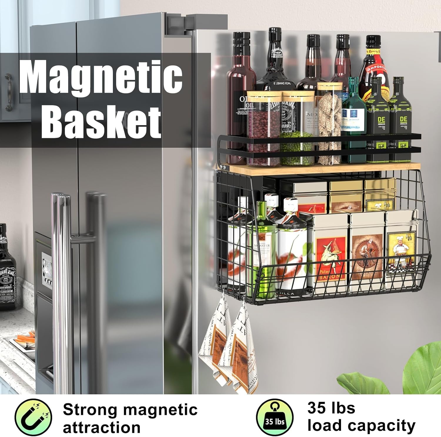 Magnetic Shelf for Fridge with Wood Lid, Fruit Potato & Onion Storage Bins, Magnetic Spice Rack for Refrigerator Pantry Organizer & Storage, Large Container for Refrigerator, Kitchen Counter & Laundry