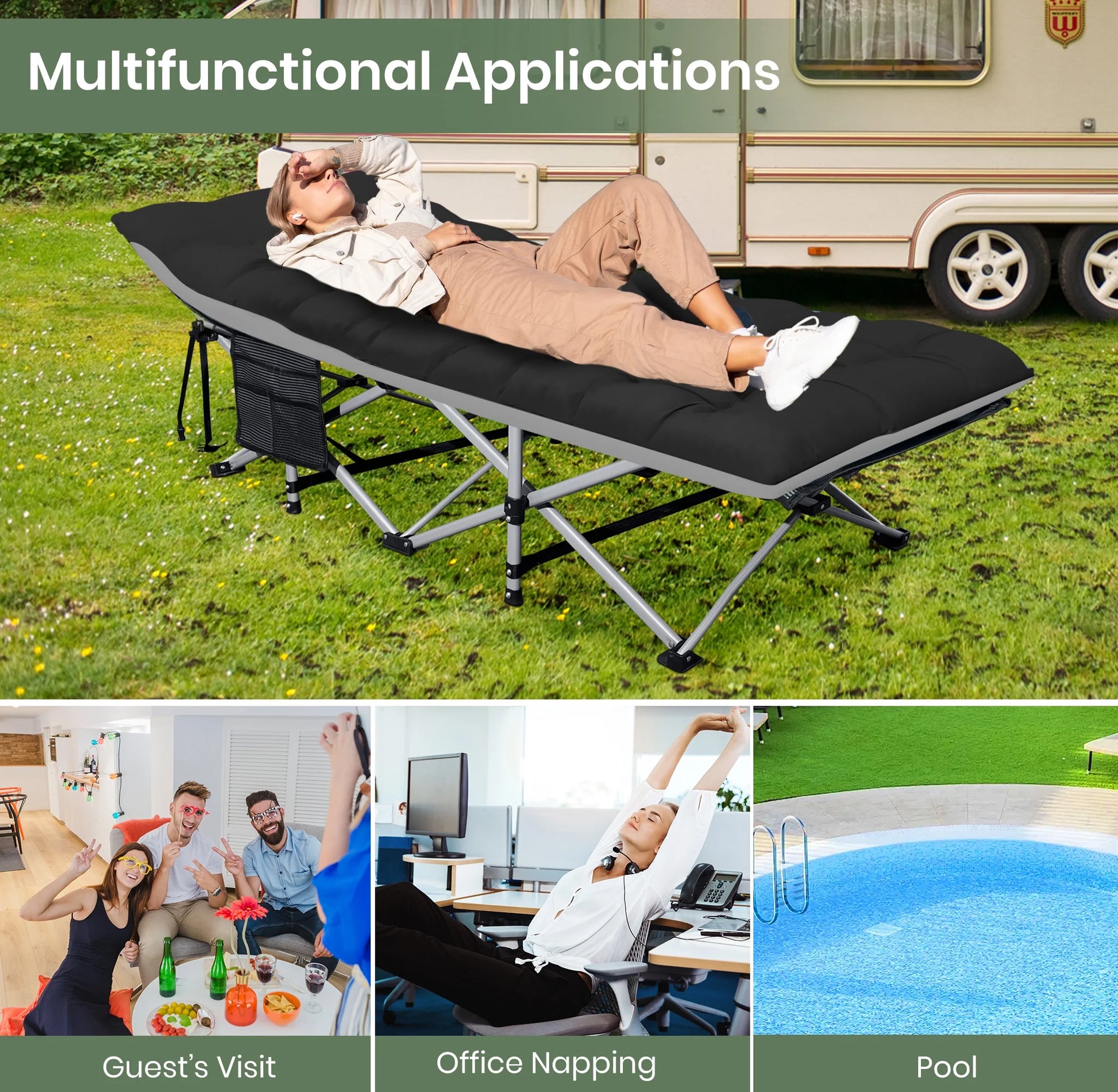 Folding Camping Cot with 2 Sided Comfort Mattress, 1200D Double Layer Oxford Folding Bed, Portable Sleeping Bed for Camp Office Nap Beach Travel
