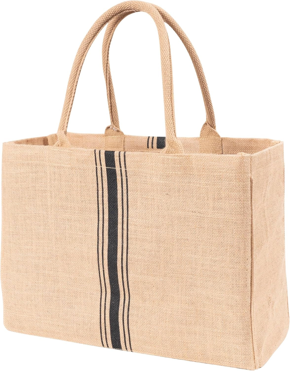 Jute Market Tote Bag with Handles, Triple Stripe