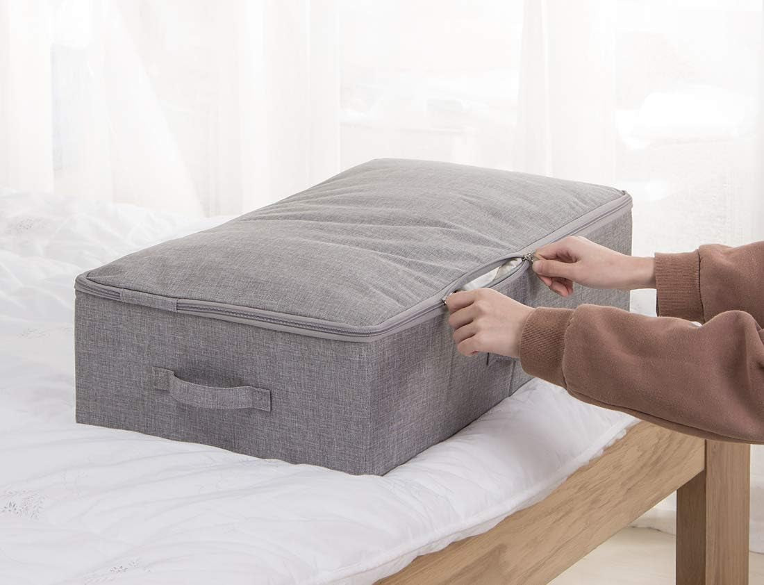 Under Bed Storage Bins with Lids for Shoes Clothing Organizer, Good for Bedroom Wardrobe, Closet, Sturdy Plastic Boards & Polyester Blend Fabric, Light Gray