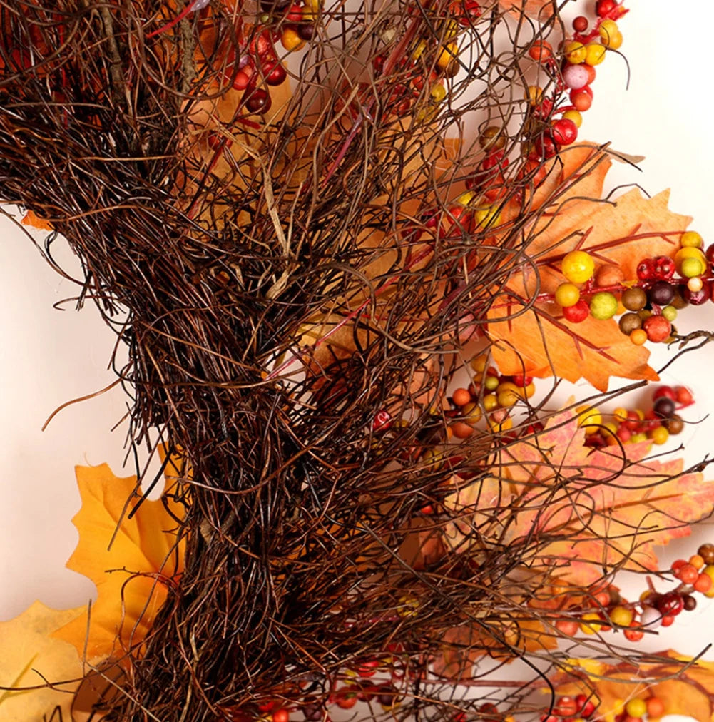 18 Inch Fall Wreath for Front Door, Fall Wreath with Wooden Maple Leaves, Gold and Red Foliage Fall Decorations for Home
