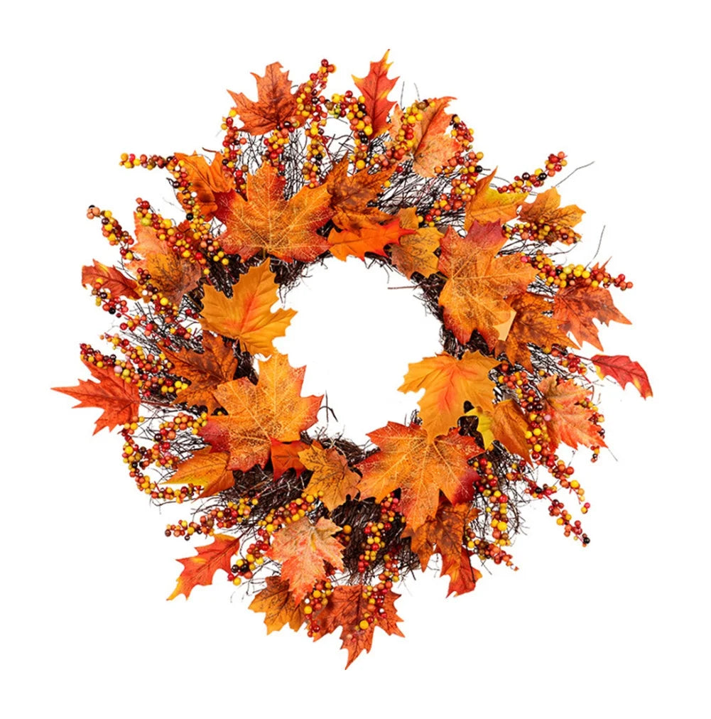 18 Inch Fall Wreath for Front Door, Fall Wreath with Wooden Maple Leaves, Gold and Red Foliage Fall Decorations for Home