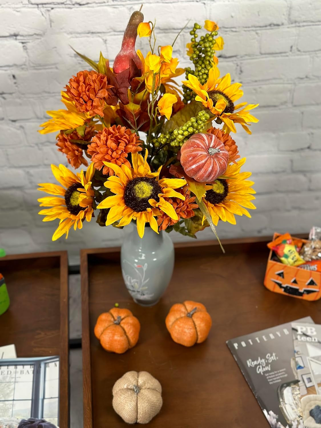 Artificial Fall Flower Arrangement - Gold Mix of Mums, Sunflowers, Zinnia - for Home Decor, Weddings, Parties, Events, Funerals, Offices Thanksgiving Gold Flower Arrangement