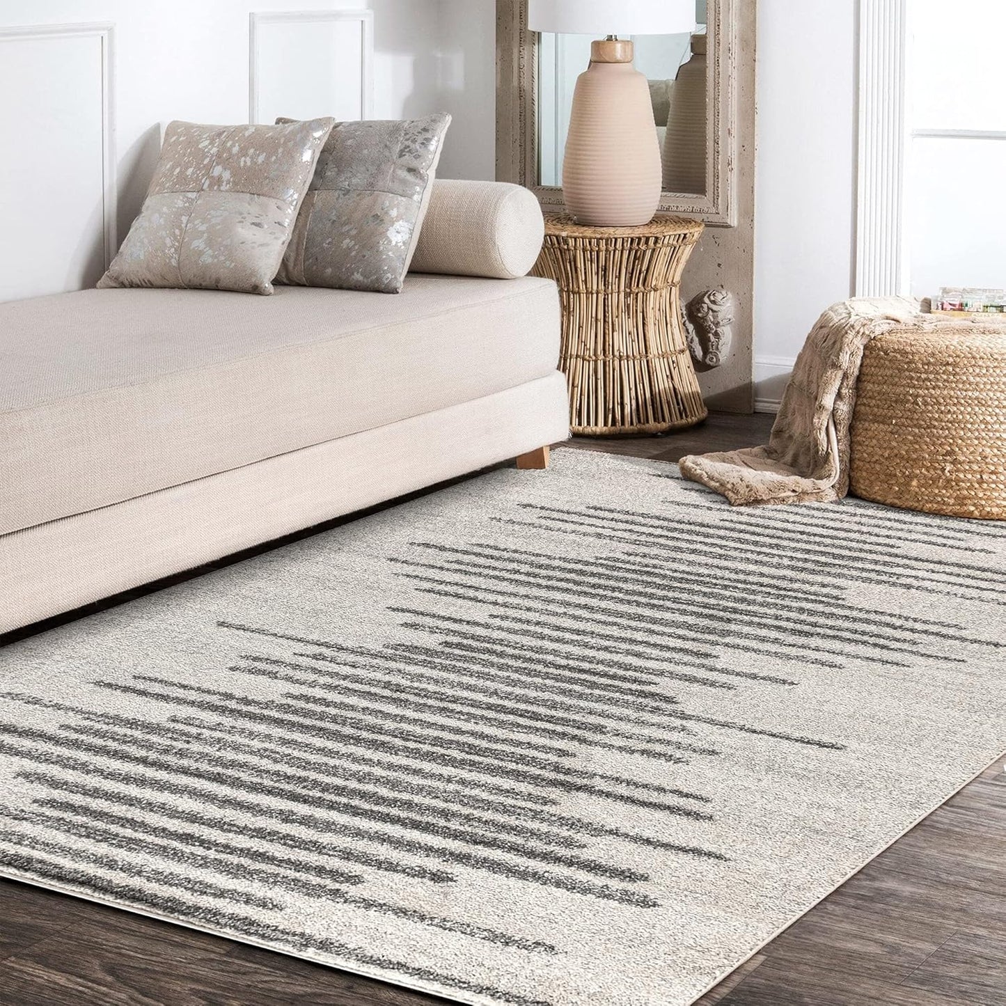 Aya Berber Stripe Geometric Cream/Gray Indoor Area Rug, 8X10, Contemporary, Modern, Easy-Cleaning for Living Room, Bedroom, Kitchen, Pet Friendly, Non-Shedding (MOH205A-8)