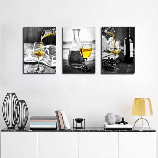 Kitchen Wall Art for Dining Room,Wine Painting Artwork Poster Black White Canvas Yellow Wine in Cups Pictures for Home Decorations