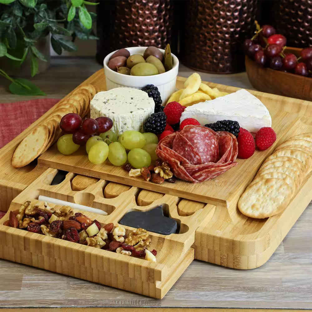 13.5 In. Bamboo Charcuterie Cheese Board with Drawer, Cheese Utensils, Bottle Opener, and 3 Piece Mini Chalkboard Set