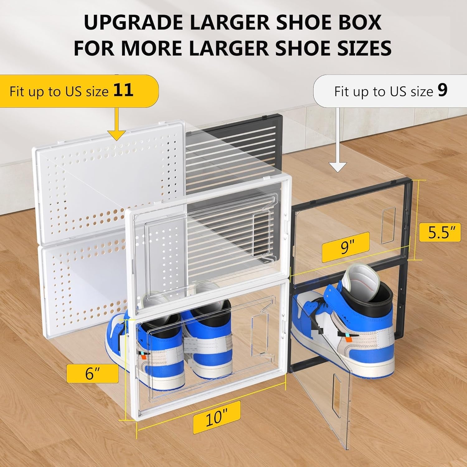 12 Pack X Large Shoe Organizer Storage Boxes for Closet, Modular Space Saving Shoe Boxes Clear Plastic Stackable Sneaker Containers Display Case with Lids, White