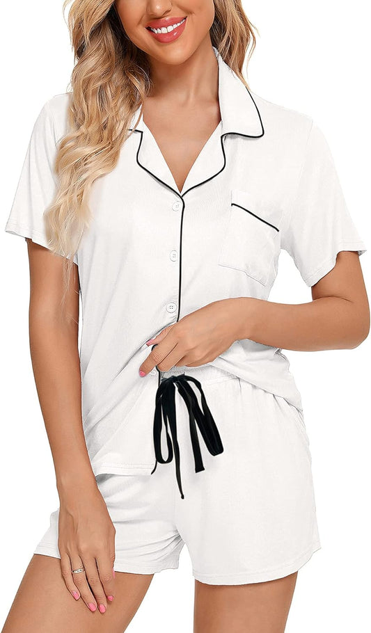 Womens Pajamas Set Short Sleeve Sleepwear Button down Nightwear Shorts Soft Pj Sets S-XXL