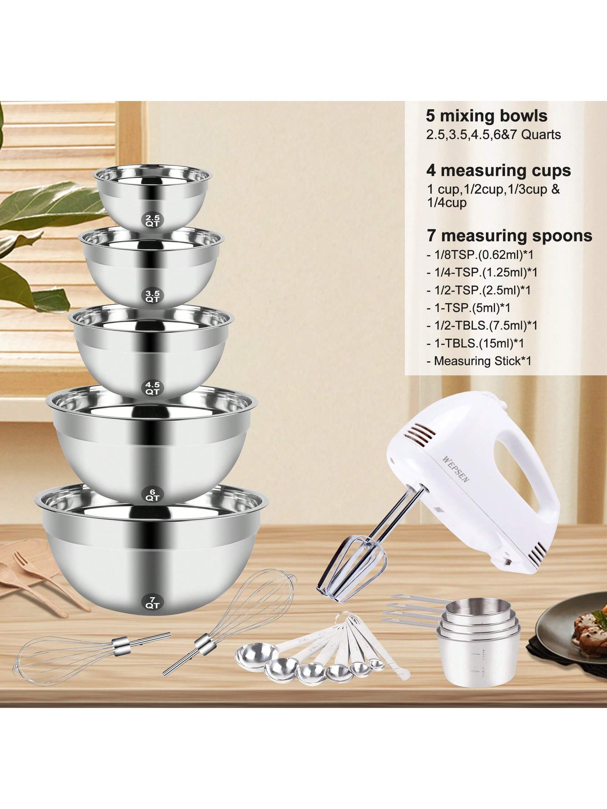 Electric Hand Mixer Mixing Bowls Set, Upgrade 5-Speeds Mixers with Silver Nesting Stainless Steel Mixing Bowl, Measuring Cups and Spoons Whisk Blender,Recommendations,Promotion,Discounts,Best Sellers - Baking Supplies for Cooking,Hand-Held Egg Beater Whisk Breaker,Electric Food Mixers Kitchen Bowl Aid Whisk Mixing for Whipping, Mixing Cookies, Brownie, Cakes, Dough