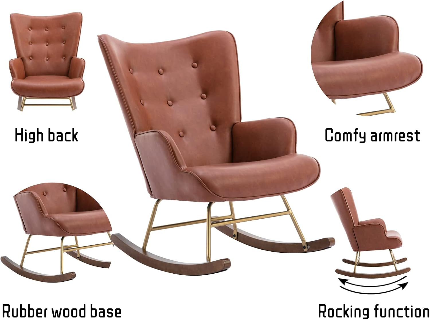 Pu Leather Nursery Rocking Armchair, Modern Reading Accent Chair for Living Room, Bedroom, Office, Small Spaces, Brown