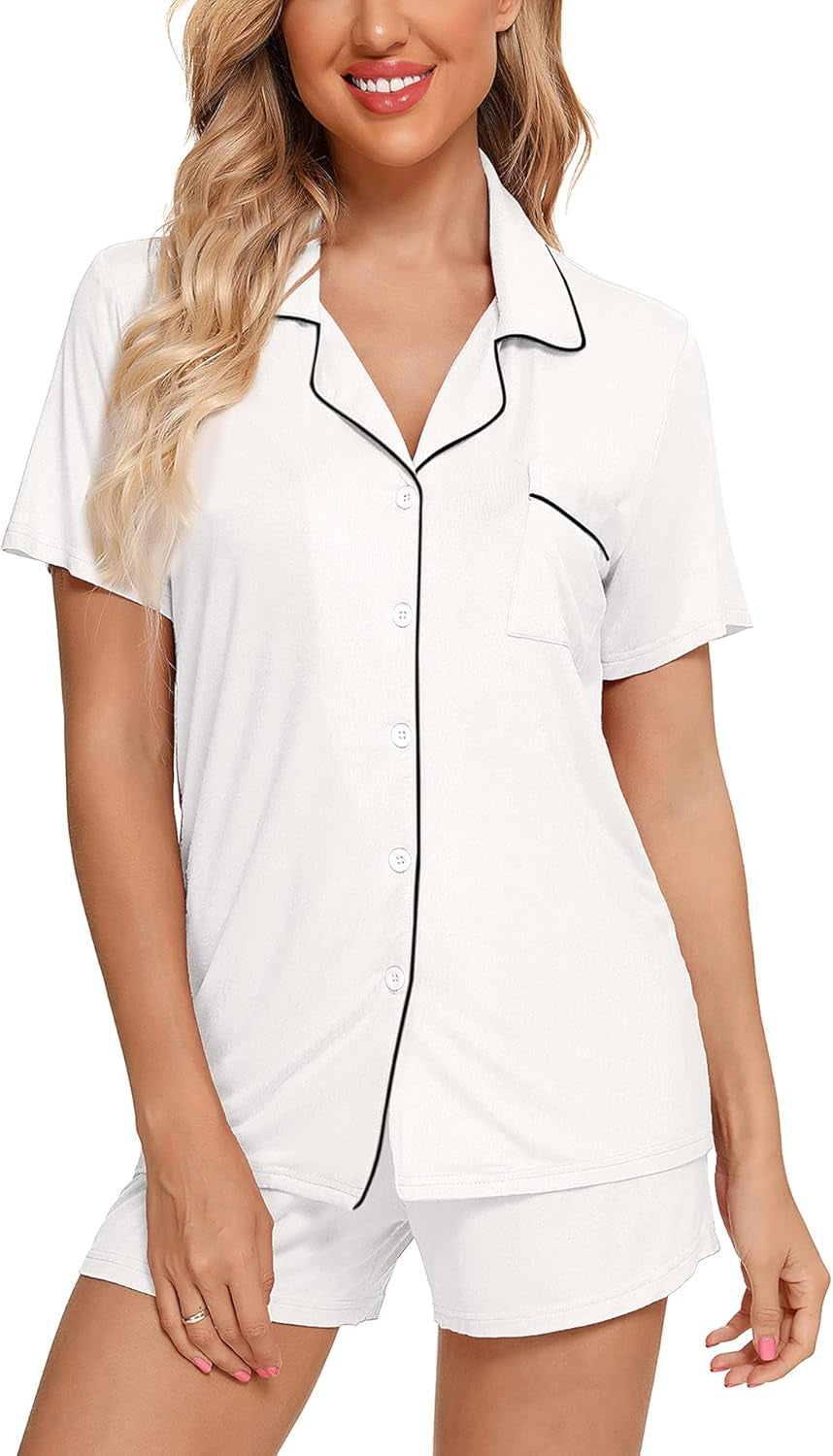 Womens Pajamas Set Short Sleeve Sleepwear Button down Nightwear Shorts Soft Pj Sets S-XXL