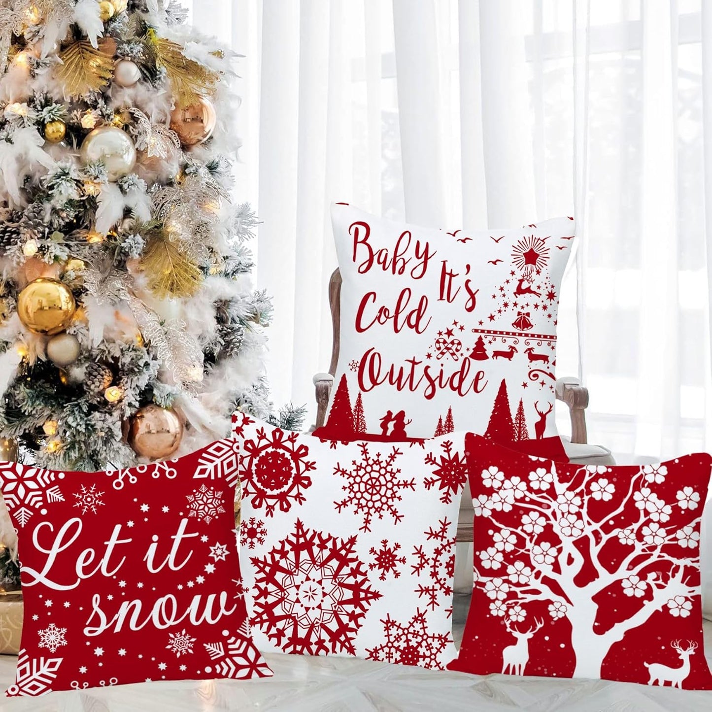20 X 20 Set of 4 Merry Christmas Snowflake Baby It'S Cold outside Bright Red Deer Let It Snow Christmas Soft Velvet Decorative Throw Pillow Covers Cushion Case for Home Sofa Square 20 Inches