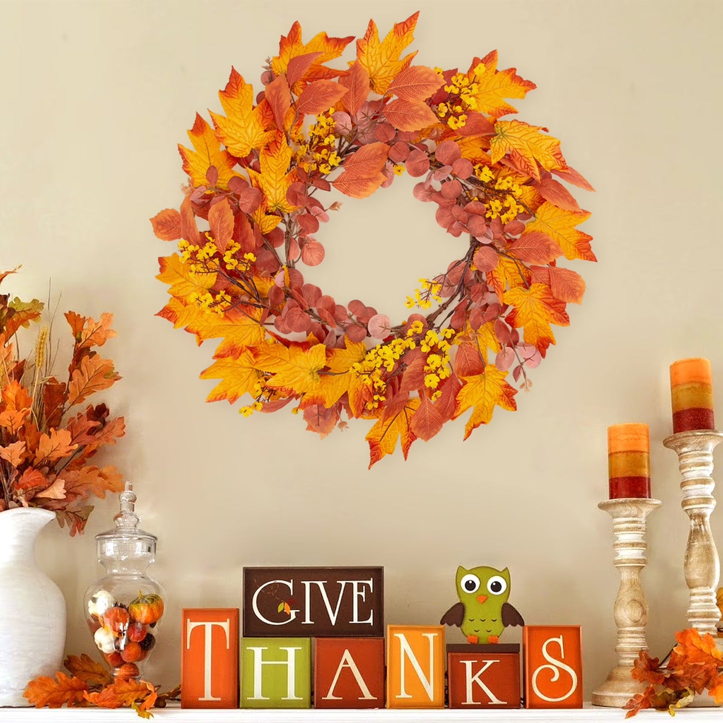 Fall Wreaths for Front Door, 20" Artificial Maple Leaf Autumn Door Wreaths Farmhouse Fall Decorations for Home