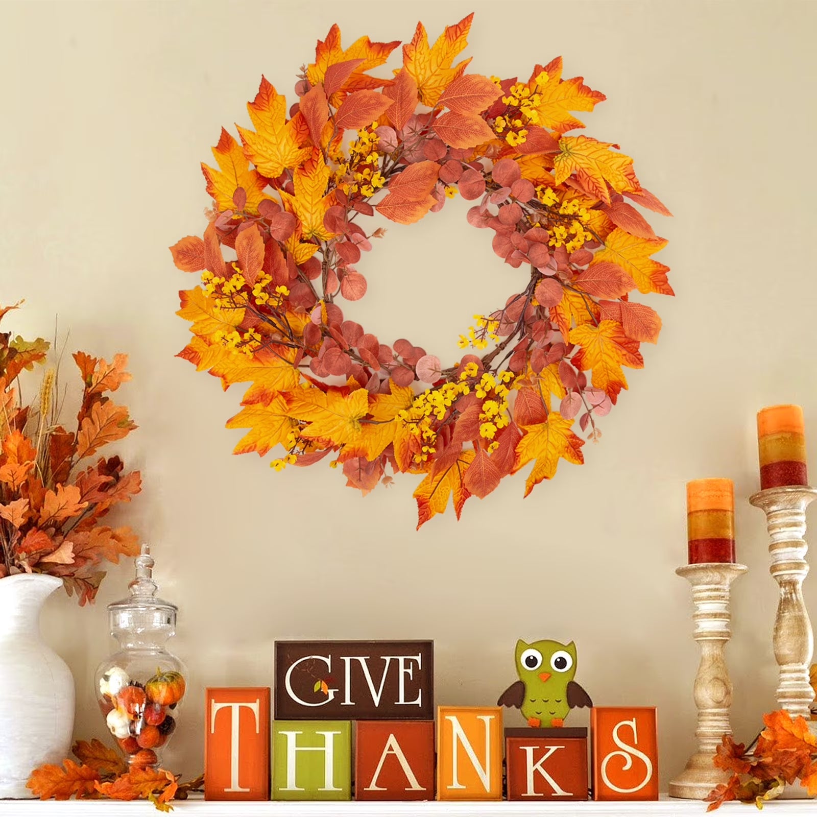 Fall Wreaths for Front Door, 20" Artificial Maple Leaf Autumn Door Wreaths Farmhouse Fall Decorations for Home