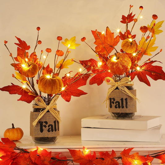Fall Centerpiece Decor with Timer, Mason Jar & Lights - 2 Pack