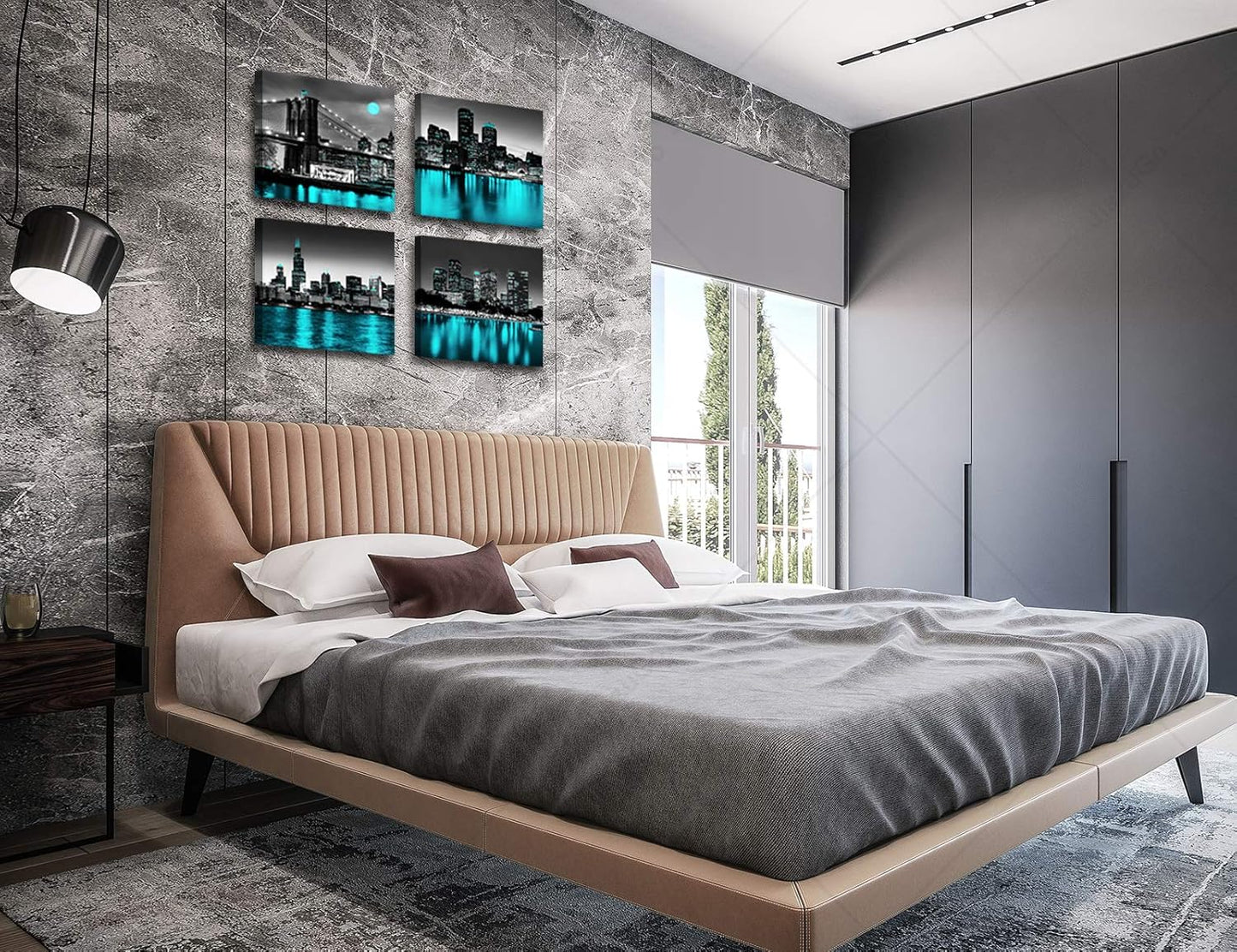 Wall Decorations Chicago Boston Los Angeles Brooklyn Bridge Skyline Canvas Art Black White USA New York City Pictures Teal Turquoise Lake Water Building Cityscape Home Living Room Office