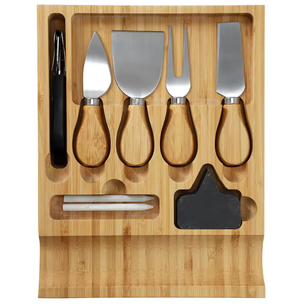 13.5 In. Bamboo Charcuterie Cheese Board with Drawer, Cheese Utensils, Bottle Opener, and 3 Piece Mini Chalkboard Set