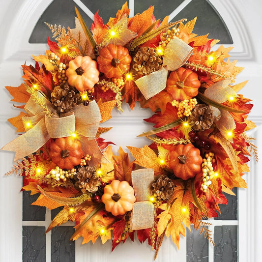 Fall Decor - Fall Wreaths for Front Door Outside, Fall Door Wreath with Orange Pumpkins Silk Leaves Bows, 20 Inch Autumn Wreath Fall Decorations for Home Patio outside Thanksgiving Decor