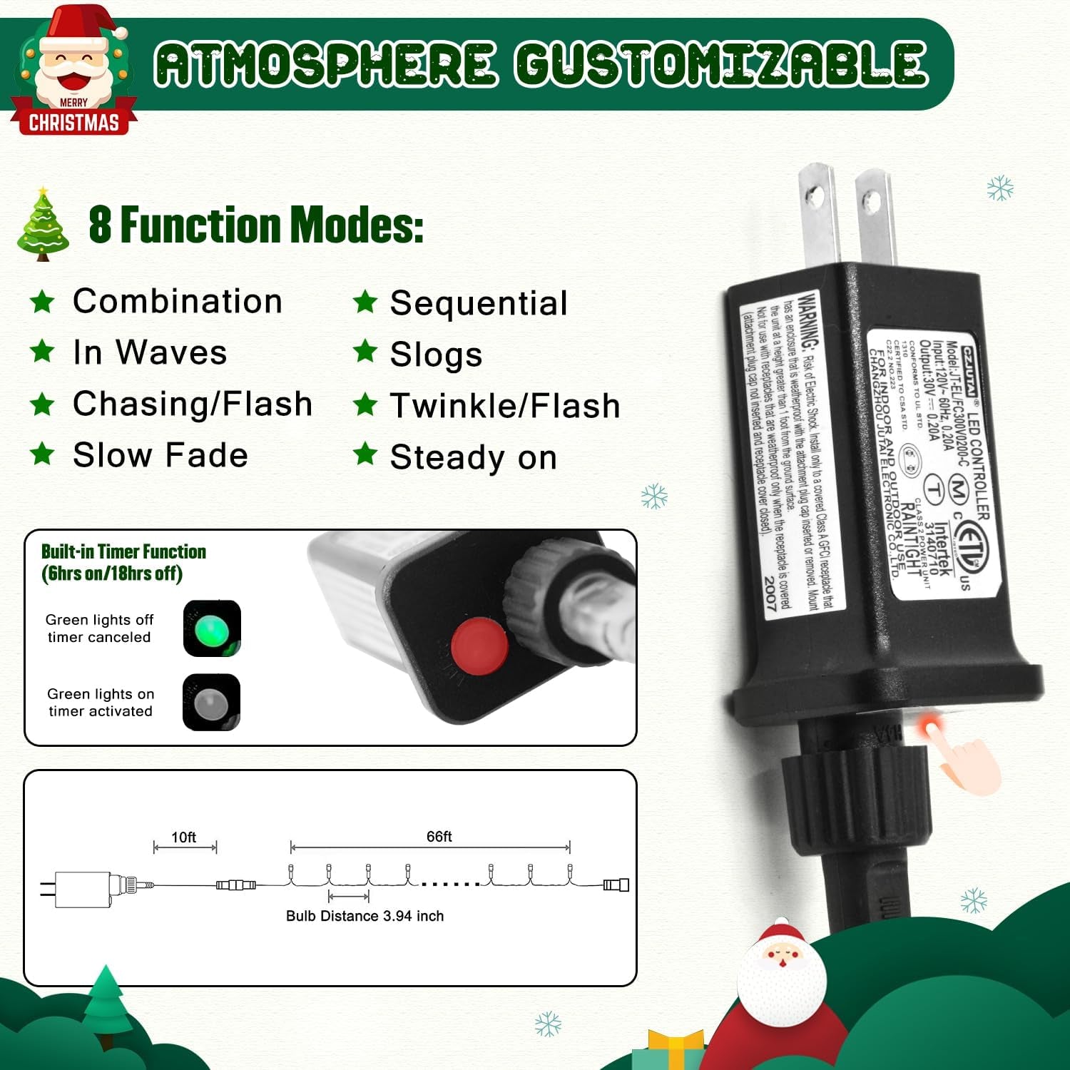 66Ft 200 LED Christmas Lights Outdoor, Warm White Christmas Tree Lights Indoor Plug In, 8 Modes Twinkle String Light for outside Bedroom Wedding Party Classroom Dorm Ceiling Home Decorations