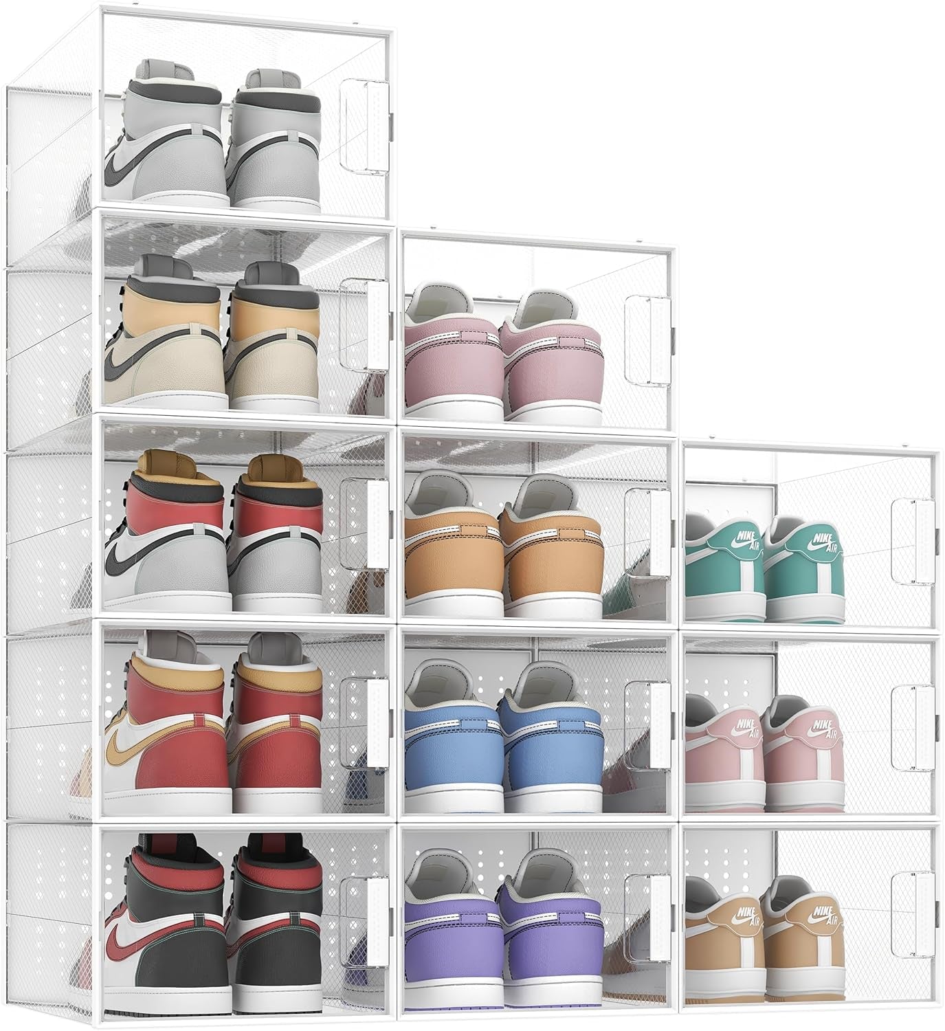 XXL Large Shoe Organizer Storage Boxes for Closet, Fit for Size 14, Clear Plastic Stackable Sneaker Storage Containers Bins with Lids, Clear Shoe Display Case Containers, White, 12 Pack