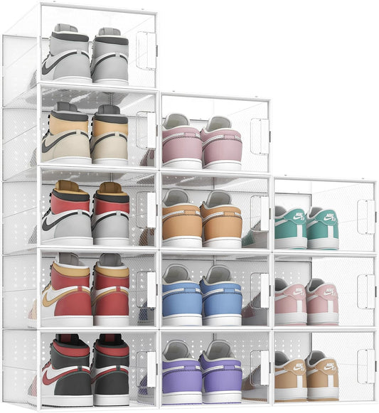 XXL Large Shoe Organizer Storage Boxes for Closet, Fit for Size 14, Clear Plastic Stackable Sneaker Storage Containers Bins with Lids, Clear Shoe Display Case Containers, White, 12 Pack